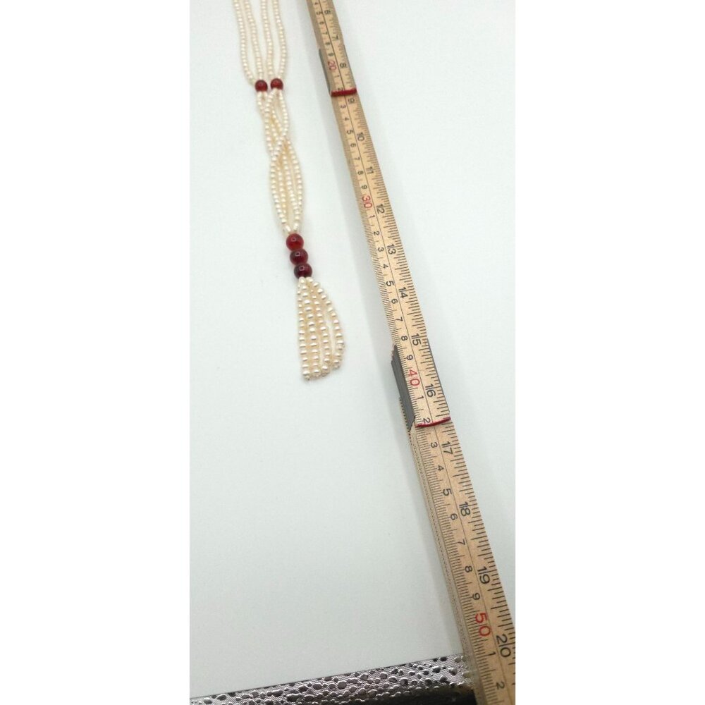Vintage Pearl & Garnet Tassel Lariat Necklace With Elegant Multi Strand Design - Picture 5 of 5